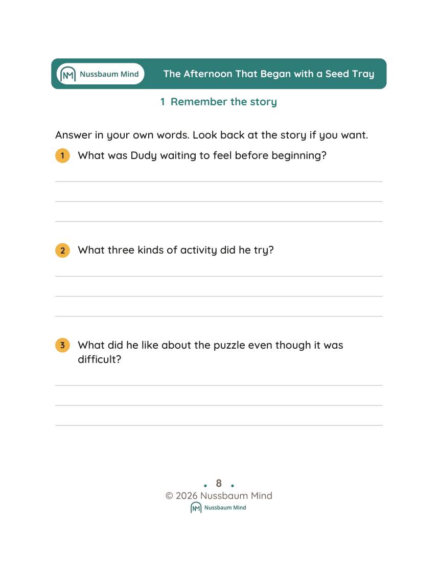 The Afternoon That Began with a Seed Tray activity page 1