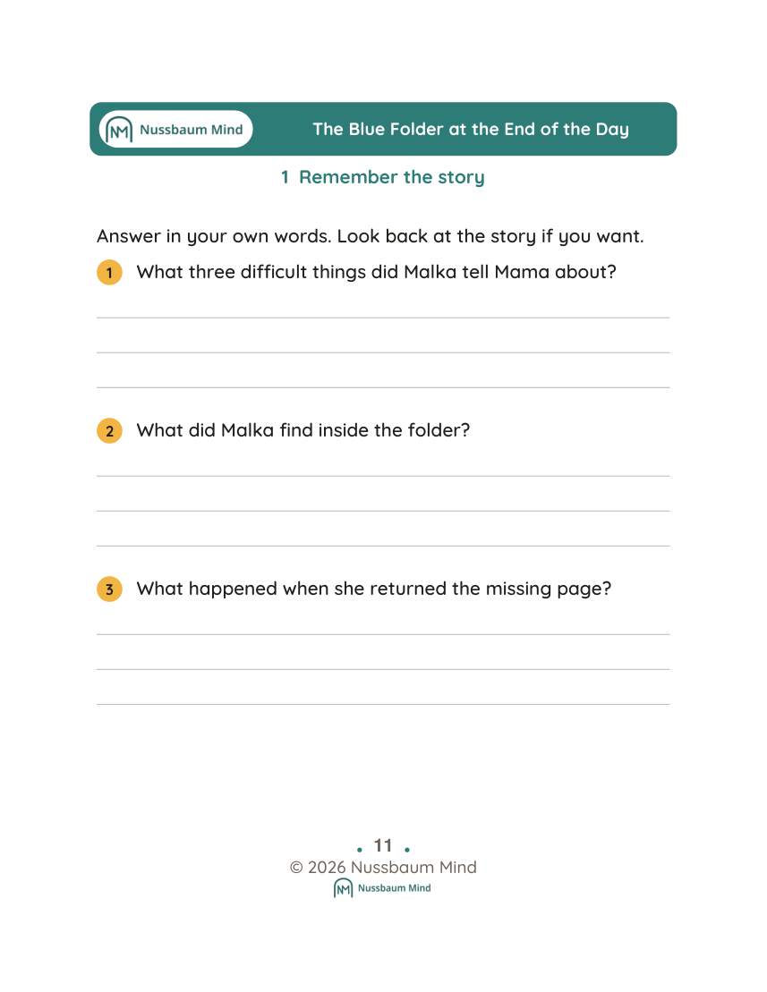 The Blue Folder at the End of the Day activity page 1