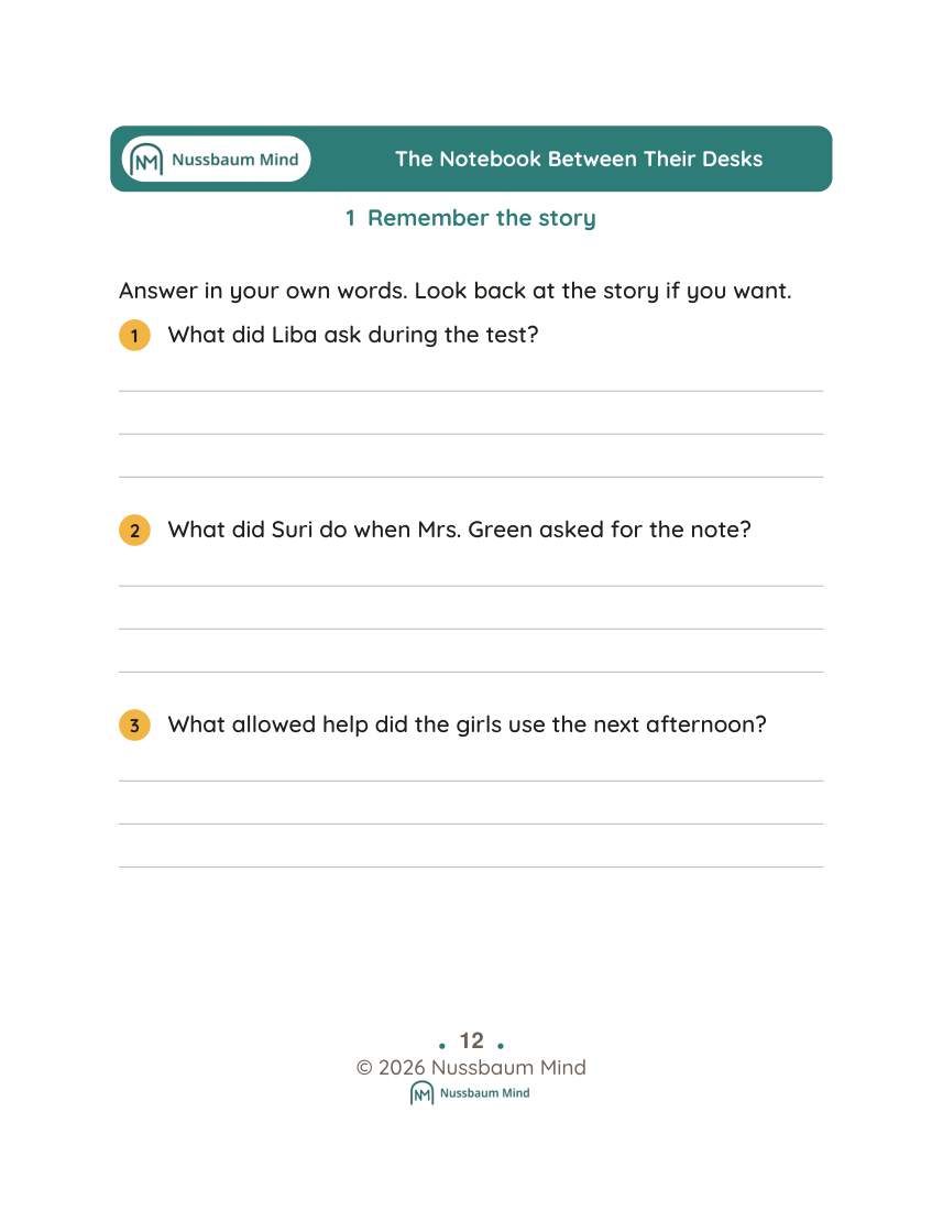 The Notebook Between Their Desks activity page 1