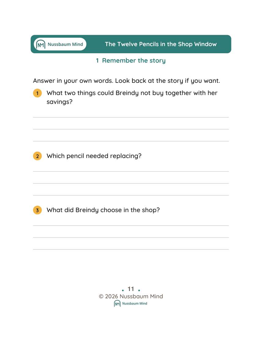 The Twelve Pencils in the Shop Window activity page 1
